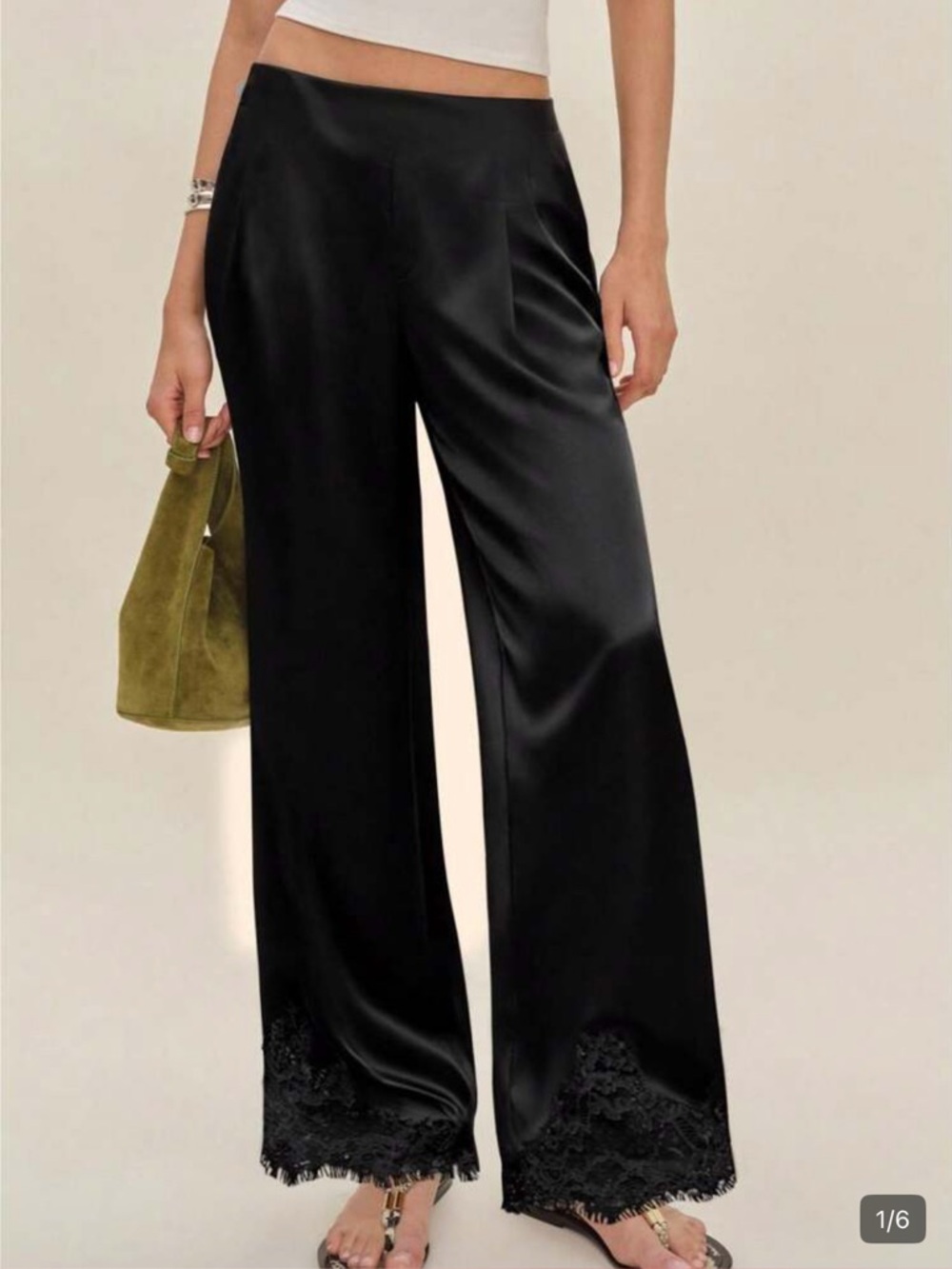 Black Satin Wide-Leg Lace Hem Lounge Pants